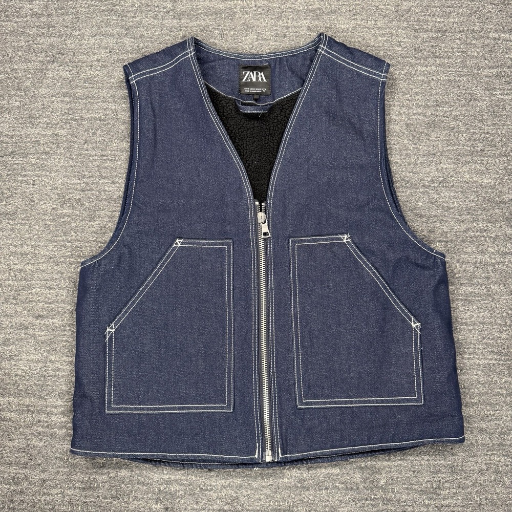Zara Dark Wash Denim Vest Men Medium Sherpa Lined Full Zip Workwear Outdoor